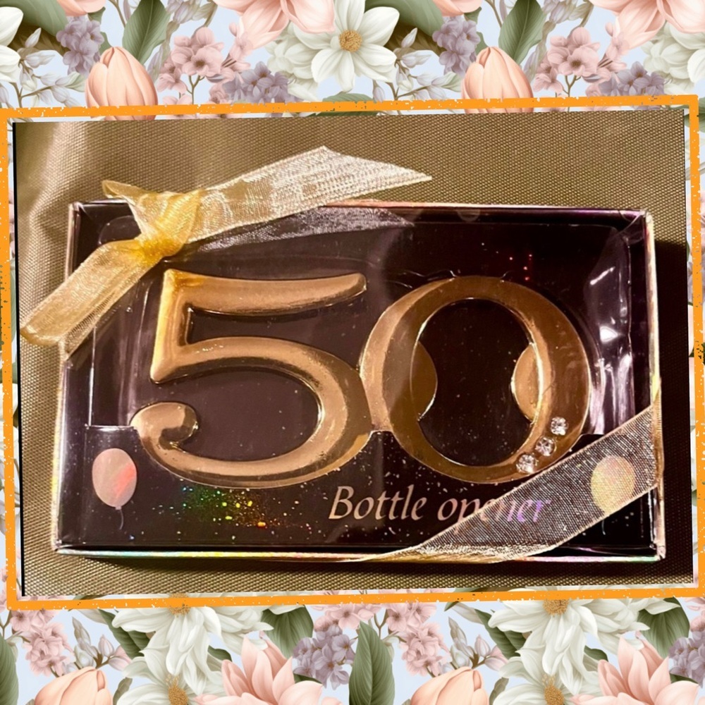 🍰🆕🍰 Gold Plated 50’s Jeweled Birthday Anniversary Bottle Opener